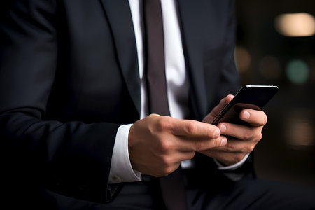 Businessman uses a smartphone wearing an elegant suit. Close-up of businessman hands checking emails and texting on phone. Executive in suit uses smartphone, corporate mobile use, executive styleの素材