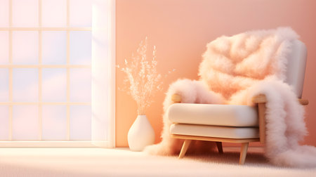 Cozy modern peach fuzz armchair with fluffy throw in warm, sunlit interior. Peach cored interior. Minimalist decor, plush textures against soft peachy backdrop. Inviting chair basks in morning lightの素材