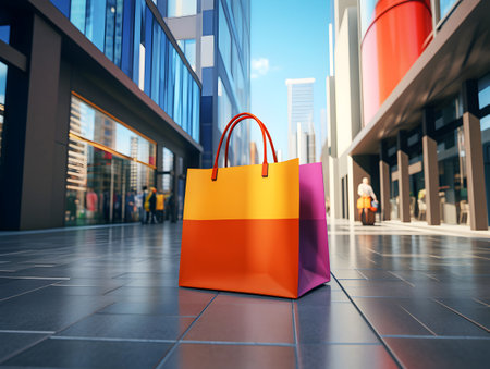Shopping bags in urban environment, metropolitan shopping concept. Shopping bags in urban environment, metropolitan shopping concept. Vibrant shopping spree, modern city lifestyleの素材