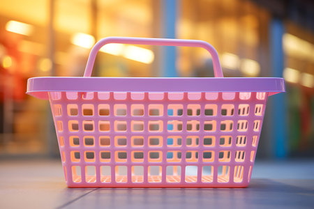 Pastel purple shopping basket, cozy evening shopping mood. Empty pink plastic basket in soft light, after-hours shopping atmosphere. Light purple shopping basket, warm evening, quiet shopping conceptの素材