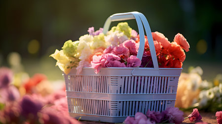 Pastel shopping basket with a selection of the season's best flowers, set against a dreamy garden backdrop. Flower basket spring or summer flowers template. Tender flowers in plastic garden basketの素材
