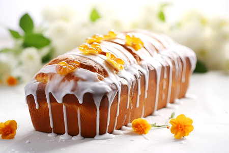 Sweet Easter bread drizzled with icing and jam. Artisan Easter loaf with delicate flower decor. Gourmet glazed bread, a festive Easter treat. Traditional Easter pastryの素材