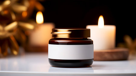 Minimalist skincare jar against a backdrop of soft candlelight and gold accents. Sleek beauty product design in tranquil setting with warm candle glow in an exclusive spa environmentの素材