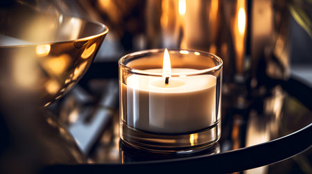 Stylish candle casting a soft shadow on a reflective glass surface, amidst elegant decor. Contemporary elegance: a solitary candle glow on a sleek, dark table. blend of modern chic and warm lightの素材