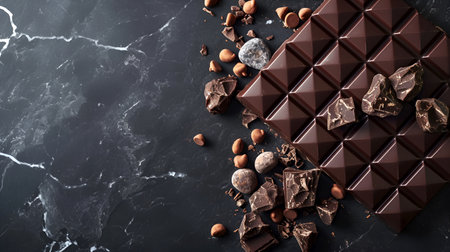 Artistic dark chocolate bar with scattered cocoa beans and chocolate chunks, dark marble table, copy space. Rich dark chocolate shards and beans on a luxurious marble surfaceの素材
