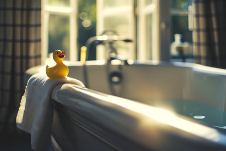 Classic yellow rubber duck on a serene bathroom edge, basking in the sunlight through a window, epitomizing relaxation.の素材