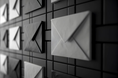 Monochrome email icons on a grid, shadow effect. Black and white email envelopes, grid background, depth illusion. Array of email symbols, grayscale tones, textured shadowsの素材
