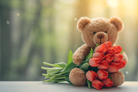 Teddy bear holding red tulips against natural blurred background, copy space. Cute bear with bouquet of red spring flowers. Post card or greeting card with plush teddy presenting vibrant tulipsの素材