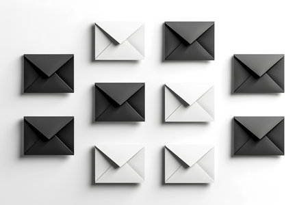 Monochrome email icon set, 3D shadow effect. Array of black and white mail envelopes, minimalist design. Collection of stylish email symbols, shadow play, clean and modern.の素材