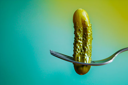 Pickle on fork, turquoise background with free space. Fermented food minimalistic background. Glistening pickle, modern art style. Singular pickle, creative presentationの素材