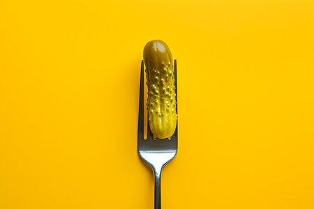 Pickled cucumber on a fork against yellow background, free space for text. Minimalistic fermented food bannerの素材