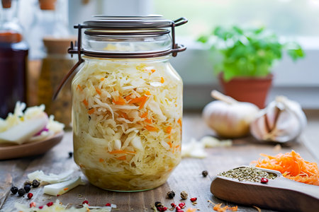 Sauerkraut in jar with carrots and spices on a kitchen table. Preparation of fermented vegetable, healthy eating conceptの素材