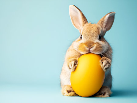 Cute bunny with yellow egg, Easter joy. Adorable rabbit holding Easter egg on colored background. Easter bunny, yellow egg, light blue backdrop, copy spaceの素材