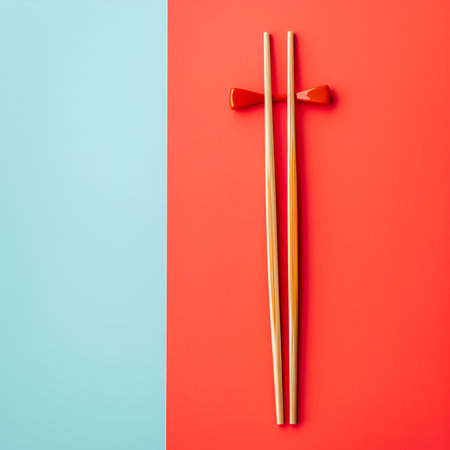 Chopsticks on minimalistic colored background. Chopsticks rest on a fusion of red and blue backdrops, symbolizing balance. The art of sushi captured by chopsticks against red and blue backgroundの素材