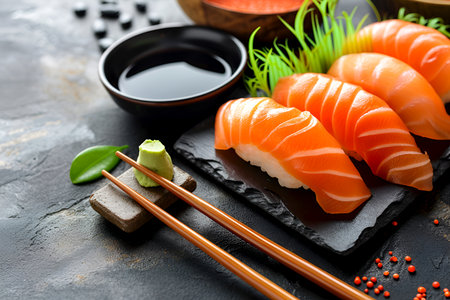 Salmon nigiri sushi on black stone plate with soy sauce and wasabi. Raw salmon slices over sushi rice served with soy sauce and wasabi on dark stone table. Classis Japanese dish. Salmon nigiri setの素材