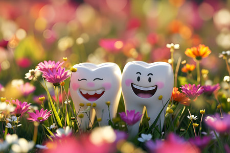Joyful 3D tooth characters among spring flowers, dental beauty and health. Happy teeth mascots in a colorful floral meadow, ideal for family dentistry promotion. Cartoon teeth illustrating dental careの素材
