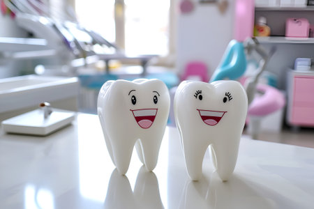 Two cheerful teeth characters on a dentist's table, creating a positive atmosphere for patients. 3D tooth models on a table in dentist office to comfort young visitors. Pleasant dental visits conceptの素材