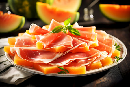 Prosciutto with melon slices on a rustic plate, traditional Italian appetizer. Italian ham and cantaloupe as a refreshing appetizer, close-up. Sliced prosciutto draped over melon, garnished with basilの素材