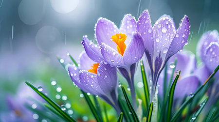 Spring banner with tender purple crocuses and water drops under the rain, close up. Raindrops on purple crocuses. Wet crocus petals in spring rain. Dewy purple flowers, fresh springtime backgroundの素材