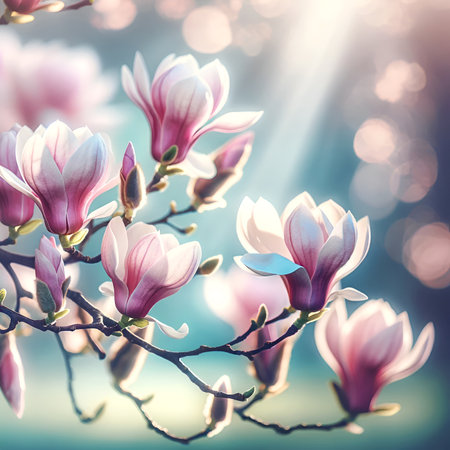 Springtime dreamy background with Magnolias bloom. Soft pink magnolia blooms, bokeh blurred background. Translucent petals, magnolia flowersの素材