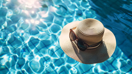 Straw hat and sunglasses floating on serene pool water. Pool tranquility with sunhat and reflective shades. Sun protection accessories elegantly float on pool surfaceの素材