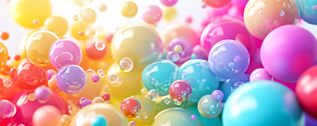 Abstract background of glossy multicolored balls and bubbles floating on white background. Colorful rainbow matte and glossy balls of different sizes on white. Colorful 3D render of vibrant spheresの素材