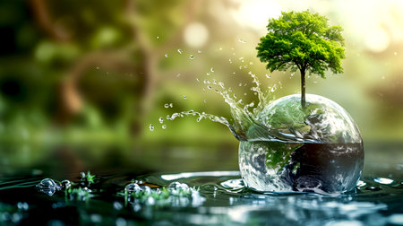 Tree growing on water globe, World Water Day concept. Earth conservation with water and trees, global care. Sustainable planet concept, World Water Day focusの素材