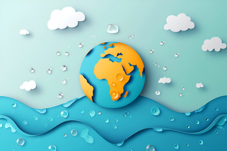 Paper cut earth with water, World Water Day. Creative water cycle concept, World Water Day concept. Handmade globe and clouds, water conservation themeの素材