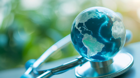 Stethoscope and world globe 3D glass model with focus on global health and wellness. World Health Day concept. Medical instrument beside earth symbolizes worldwide healthcareの素材