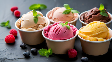 Ice cream scoops in paper cups with fresh berries on a dark background. Gourmet ice cream selection with raspberries and blueberries. Assorted ice cream cups accompanied by summer berries and mintの素材