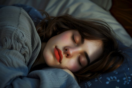 Young girl in deep sleep, embodying peaceful rest for World Sleep Day. Serene adolescent enjoying restorative slumber in a cozy setting. Tranquil bedtime scene, perfect for World Sleep Day promotionsの素材