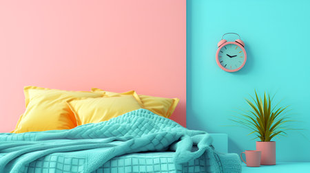 Stylish bedroom with contrasting colors, perfect for a serene rest.. World Sleep day concept. Time for sleep in cozy bedroom scene with wall-mounted alarm clock.の素材