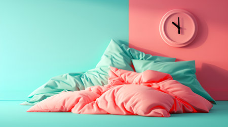 Blanket and pillows in mint pink colors with an aralm on the colored wall. A splash of color for a refreshing sleep environment on World Sleep Day. Pink and turquoise bedding for World Sleep Day.の素材