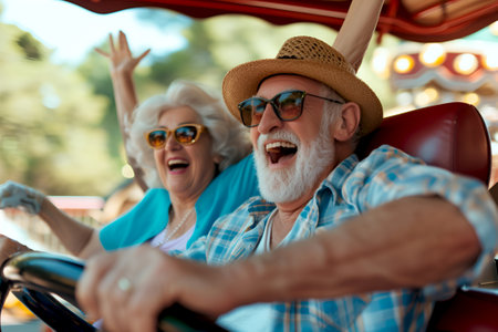 Joyful senior couple riding a rollercoaster. Excited elderly duo enjoying amusement park. Active seniors conceptの素材