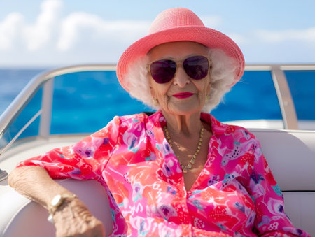 Elegant senior woman relaxing on a luxury yacht. Graceful elderly woman enjoying the ocean breeze. Stylish senior soaking up the sun on a boat trip, active seniorの素材