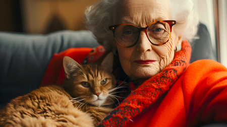 Stylish senior lady cuddling with her cat. Affectionate old woman in glasses embracing her pet. Elderly woman with cat, cozy indoorsの素材