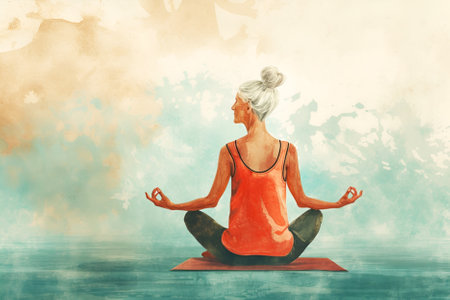 Senior woman practicing yoga in a tranquil setting. Active seniors concept, illustration with blurred outline of an old woman doing yoga practice. Elderly yogi in meditative poseの素材