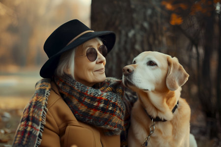Senior woman shares a tender moment with her dog in autumn park. Elderly lady enjoying the company of her dog outdoors. Affectionate senior bonding with her loyal pet on fall day, city walk with petsの素材