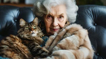 Stylish senior lady in embracing her cherished cat on a leather sofa. Elderly woman and her cat sharing a moment of luxury comfort. Thoughtful senior with her feline companion in a cozy homeの素材