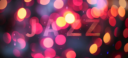 JAZZ glitter text against bokeh lights. Bokeh background with text "JAZZ", Jazz Appreciation Month banner. Jazz background for festival or jazz night in a club, template. Jazz night, sparkling lightsの素材