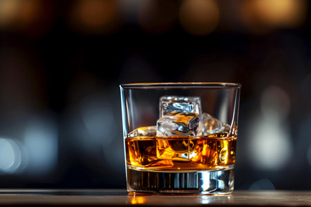 Glass of whiskey with ice on bar counter, moody dark background, jazz night in a blues club drink. Elegant glass of bourbon, blurred background, copy space. A jazz evening's spirit, whiskey with iceの素材