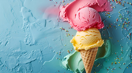 Scoops of colorful ice cream in a cone with sprinkles on light blue background, copy space. Pink and yellow ice cream cone with vibrant colored background. Tasty summer treat with a splash of colorsの素材