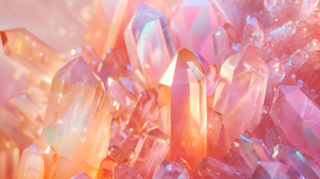 Holographic crystals background. Peach fuzz crystal prism light reflections. Shimmering gemstone cluster. Radiant peachy or pink crystals in sunlightの素材