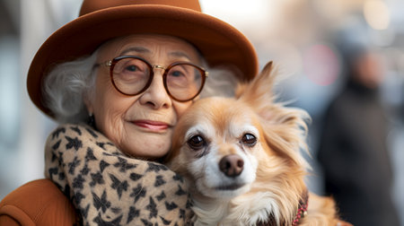 Chic senior lady in autumn attire with her dog on a city walk. Elegant old woman with a fashionable hat and glasses outdoors with her dog at the fall season. Stylish senior enjoying fall day with petの素材