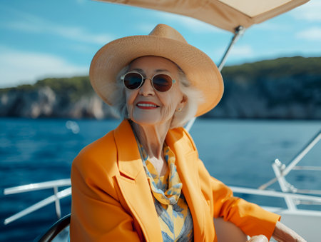 Stylish elderly woman in hat and sunglasses enjoys yachting. Elegant senior lady steering boat against ocean background. Senior woman with sunglasses sailing at seaの素材