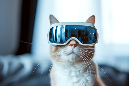 Cat in VR glasses in home setting. Curious cat with VR headset explores new digital world. Pet cat adventures in virtual reality, cat with sleek VR goggles. Cat gazes into virtual space, VR technologyの素材
