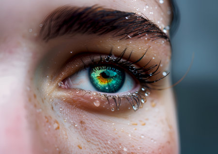 Eye with rainbow pupil and water drops or tears, sorrow emotion. Close-up shot of moist eye with colorful iris. Rainbow-hued pupil on dewy skin close-up, macro shot. Regrets in the eyeの素材