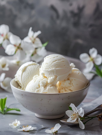 Cottage cheese ice cream in a bowl with white spring flowers, minimalistic frozen trendy food vertical image. Cottage cheese ice cream served with springtime elegance. Low fat desserts conceptの素材