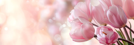 Pink tulips bask in warm sunlight with a glowing effect. Spring tulip banner with a soft, radiant background. Tender tulips in soft light, perfect for a romantic setting.の素材