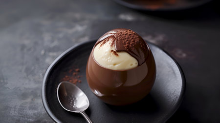 Chocolate sphere with vanilla creamy mousse dessert and cocoa dust on dark plate on dark background. Gourmet chocolate dome dessert with creamy filling. Chocolate and vanilla souffle with a spoonの素材